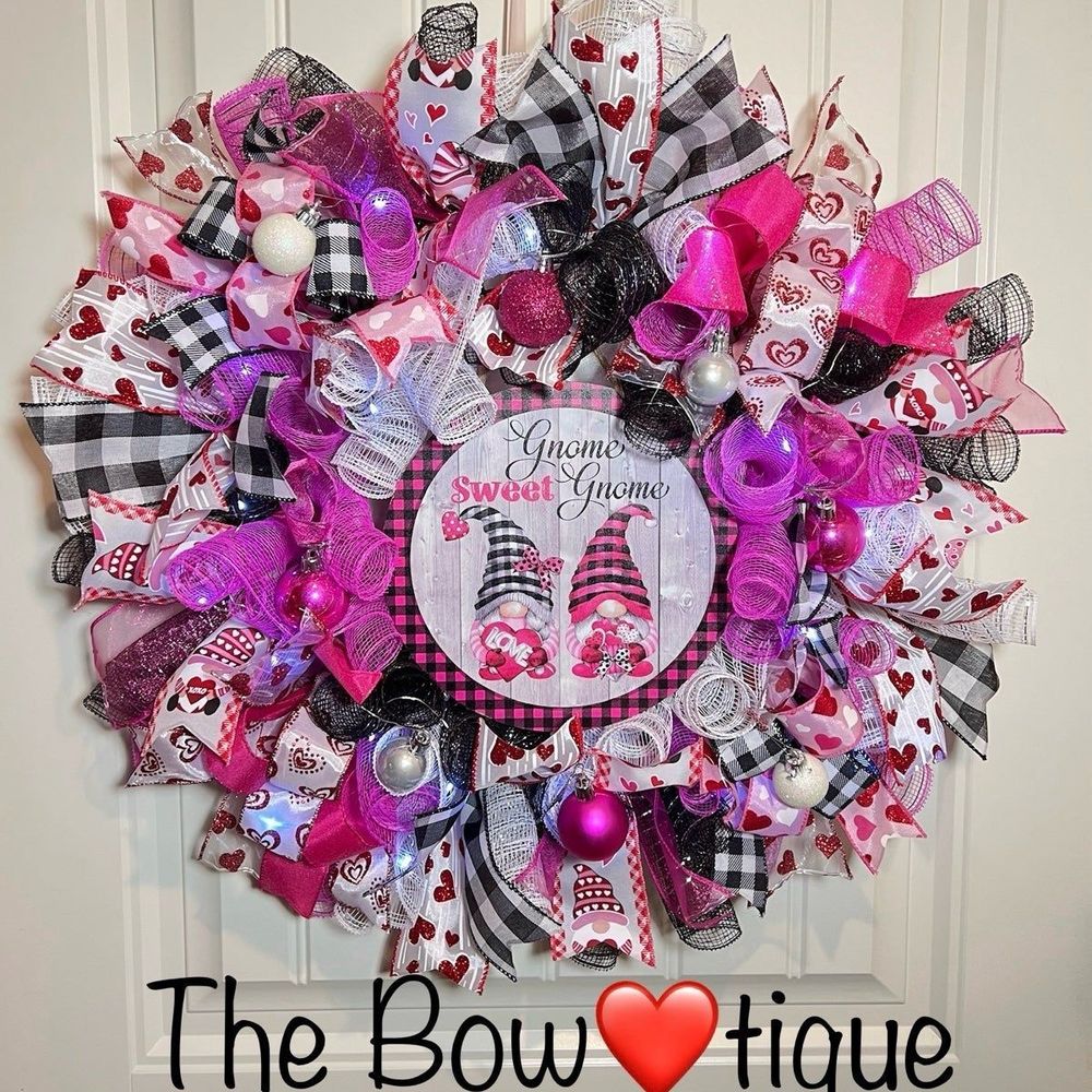 Handmade Valentine’s Gnome Sweet Gnome Ribbon Prelit Wreath 22 ins LED W16
